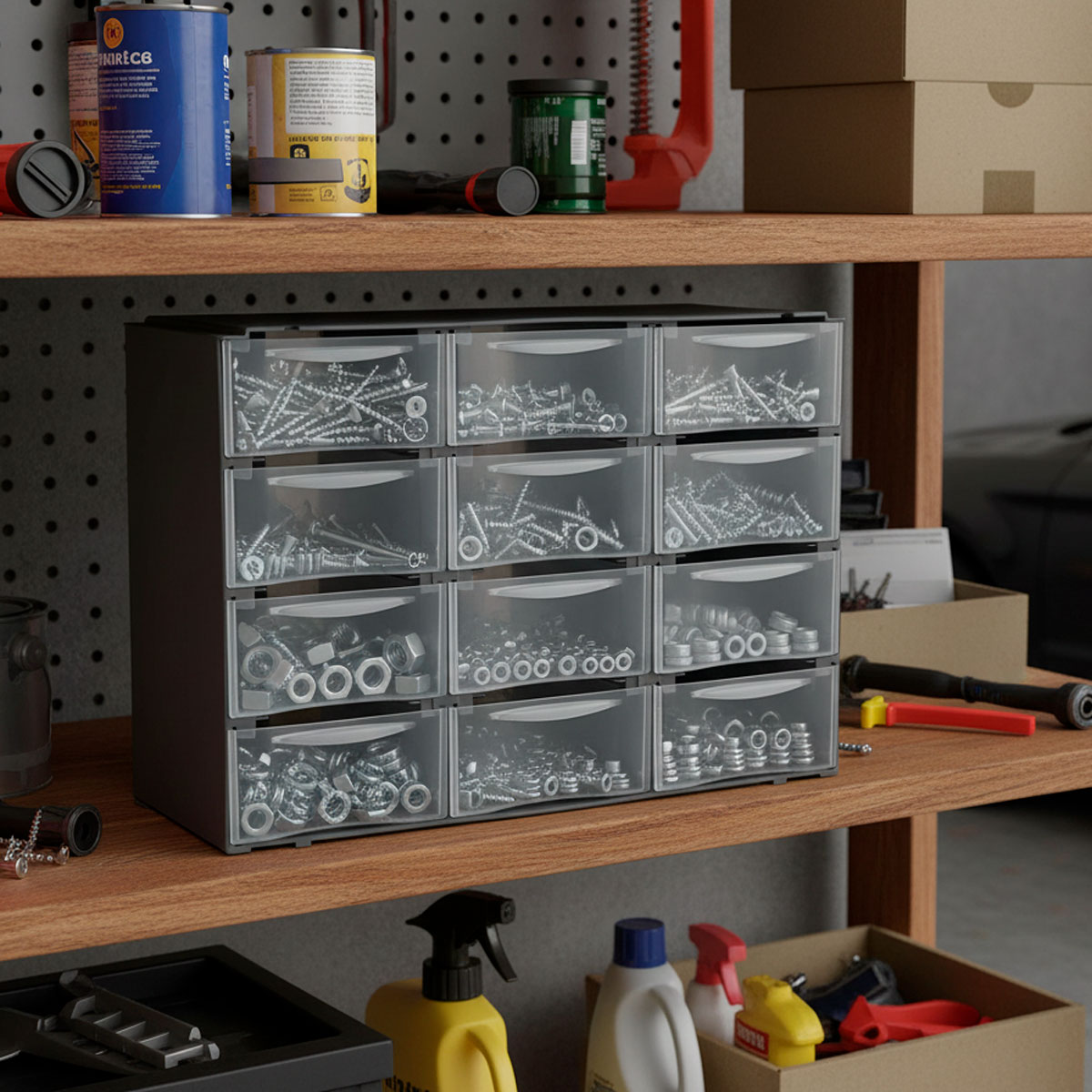 Mini prateleira cinza com 12 gavetas