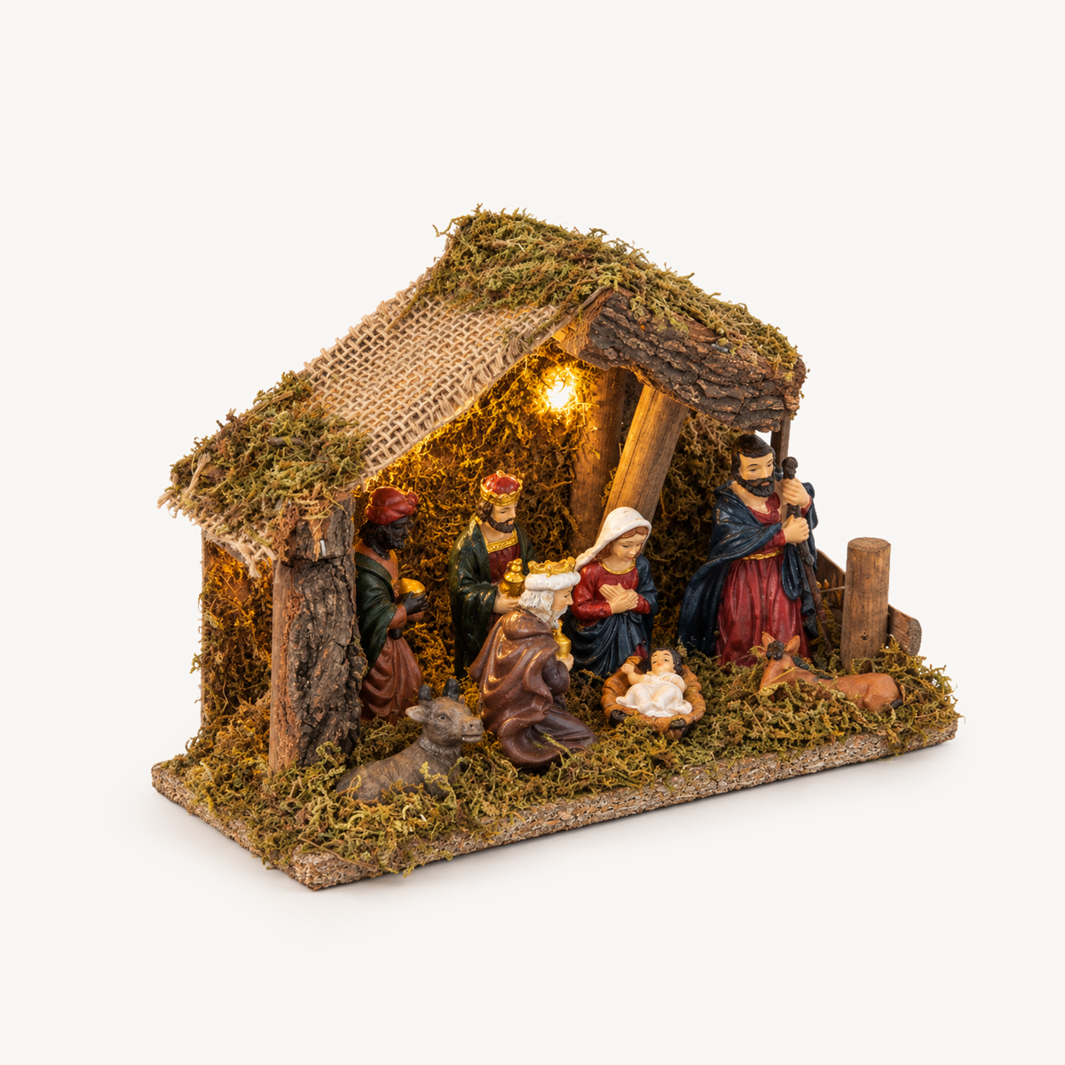 Pres&eacute;pio cabana com 7 figuras e led