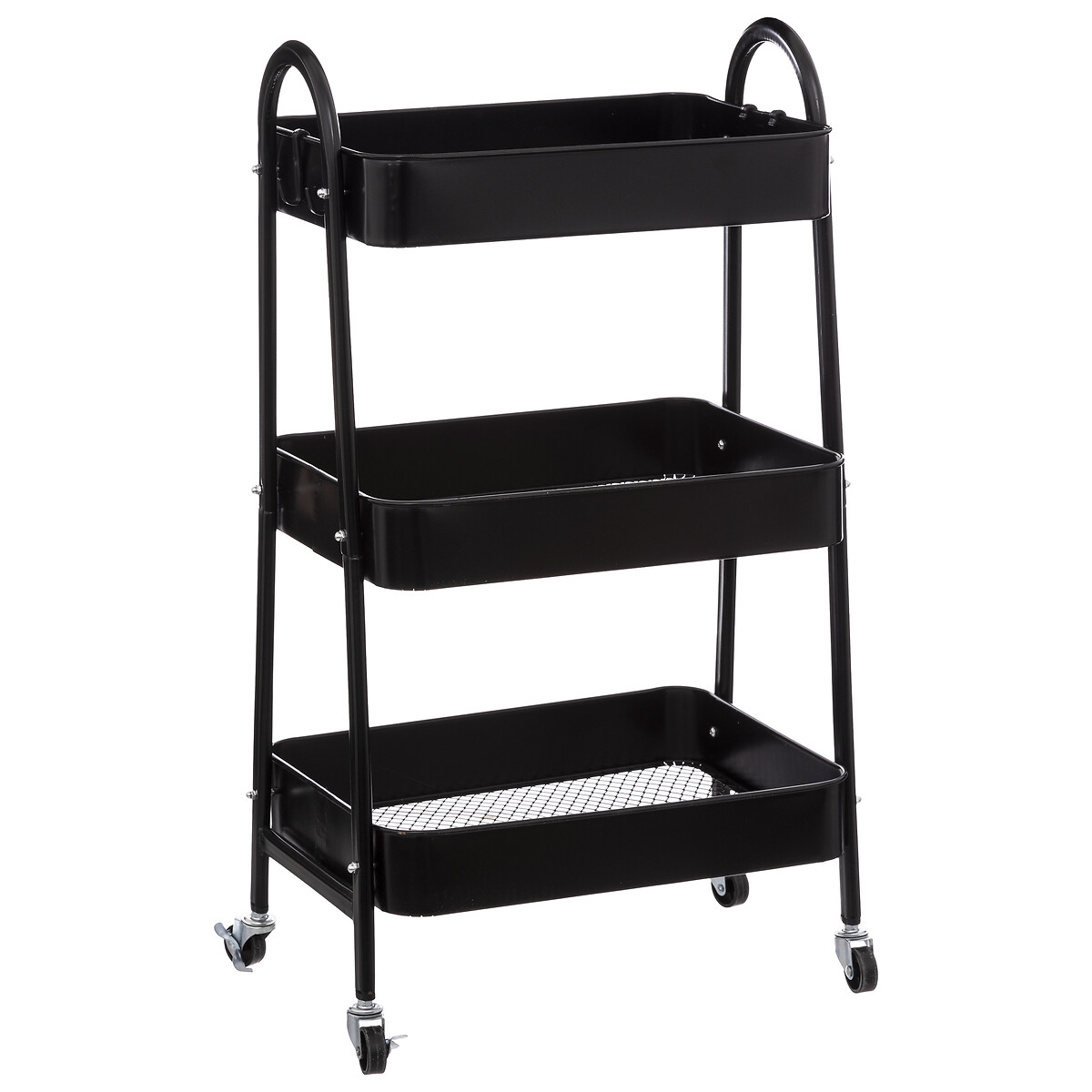 Trolley de cozinha preto em metal com 3 prateleiras