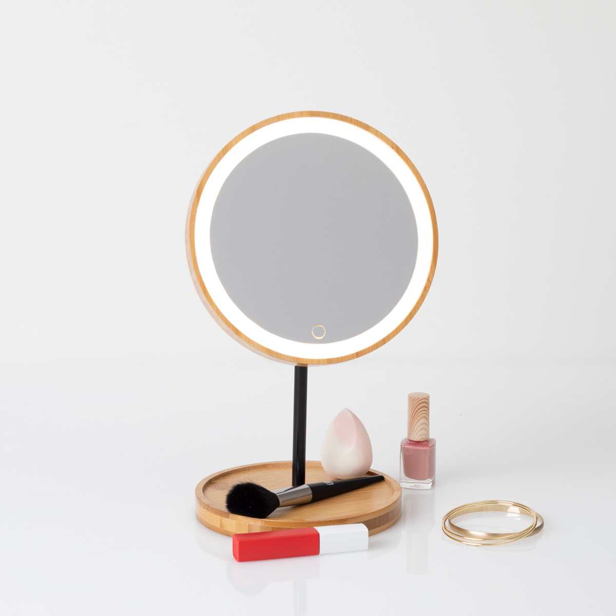 Espelho redondo led com suporte em bambu