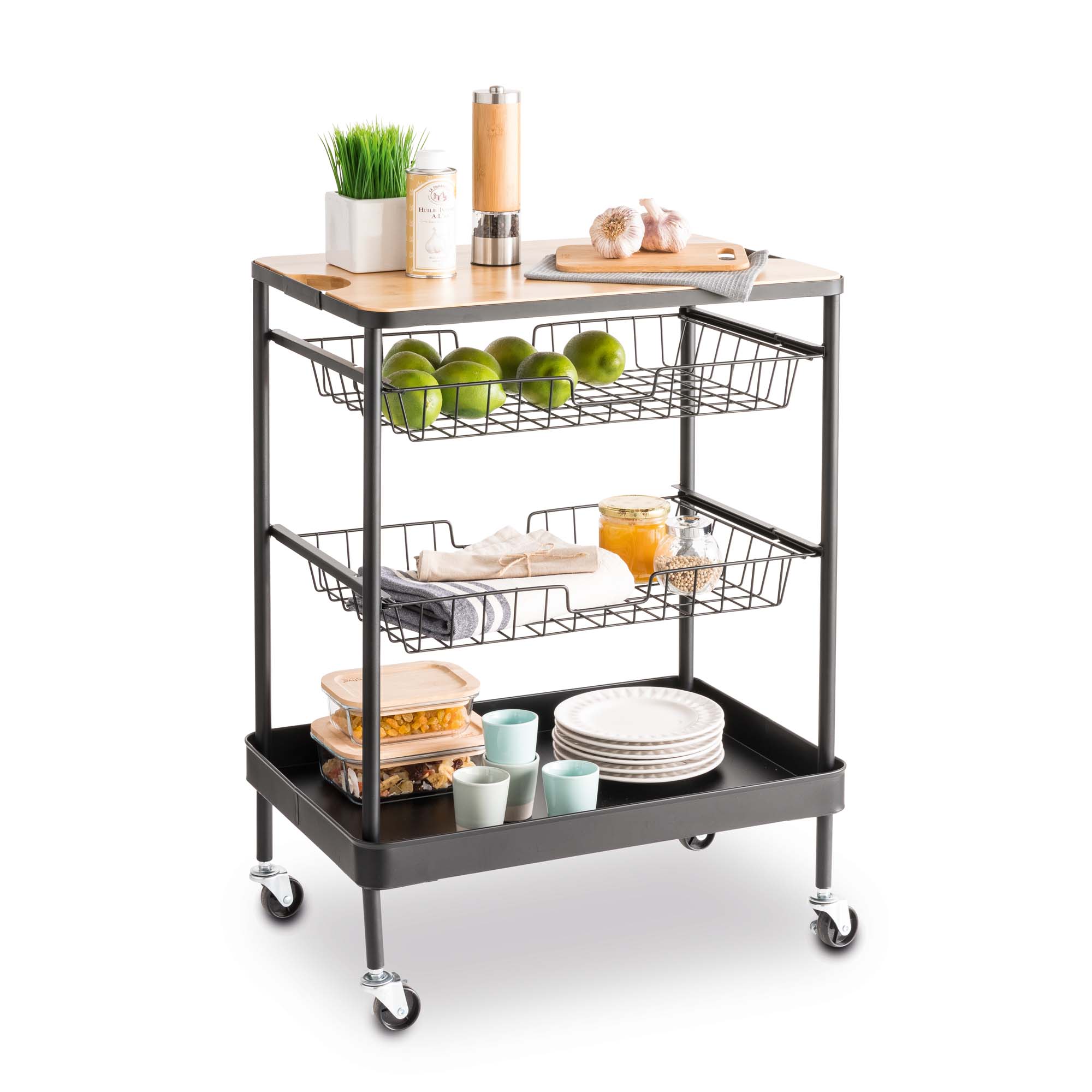 Móvel de apoio com 2 cestos e tabuleiro amovível em bambu