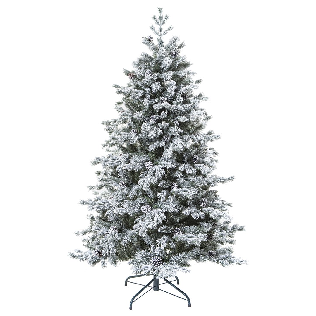 Árvore de natal YUKON verde efeito neve com pinhas 210cm