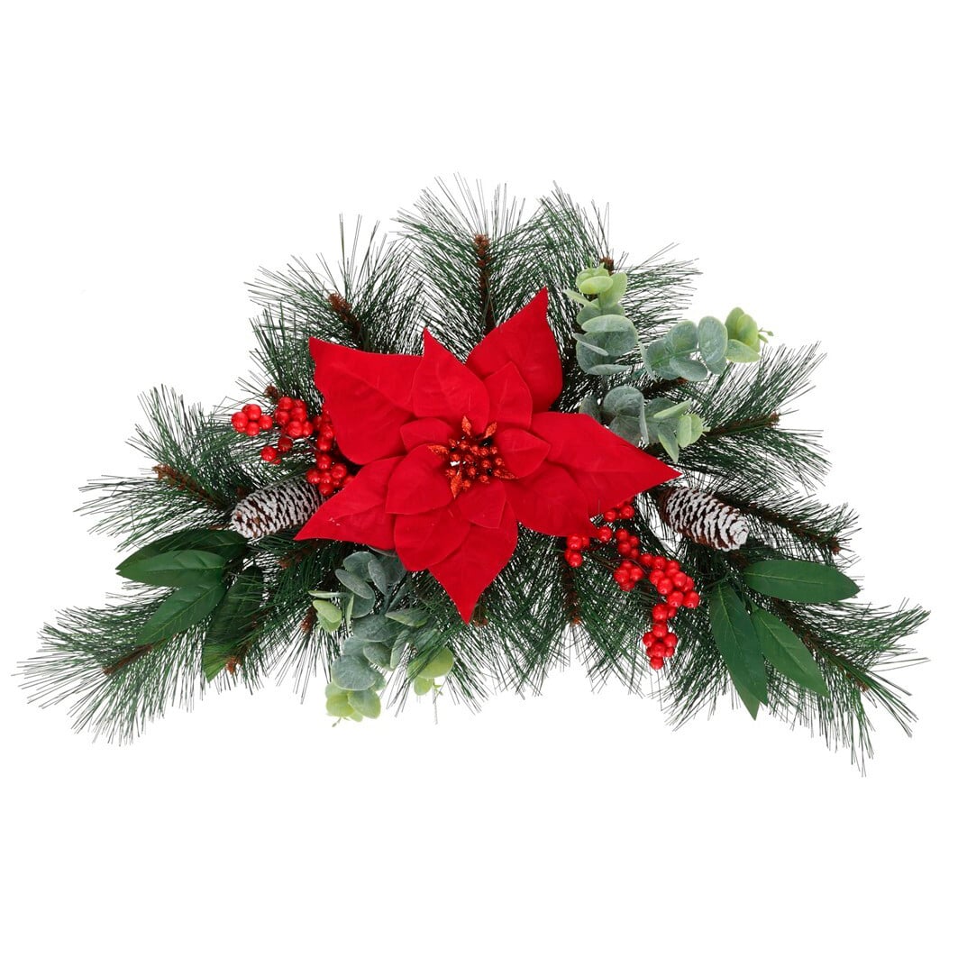 Coroa com poinsettia, bagas e neve 60cm