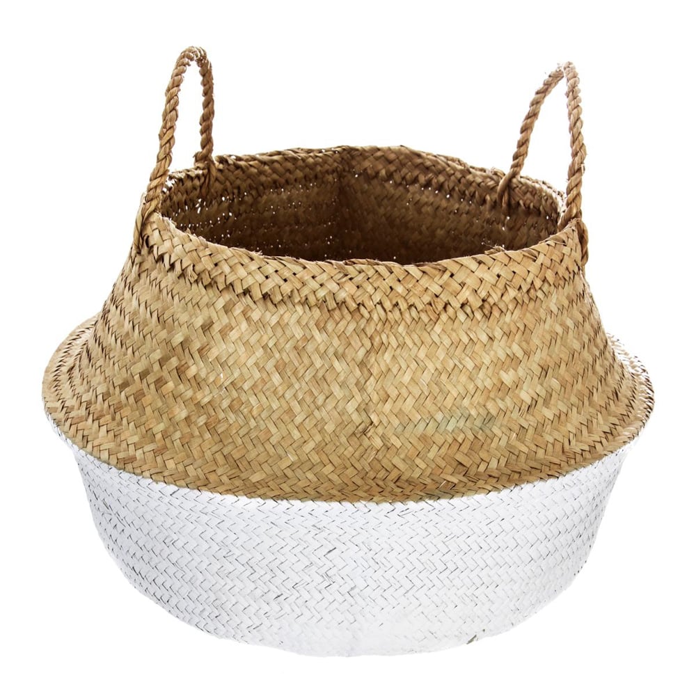 Cesto decorativo seagrass natural e base branca com pegas,  Cesto decorativo seagrass natural e base branca com pegas