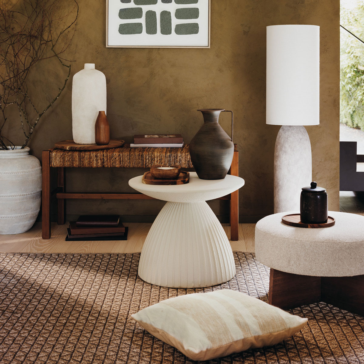 Pufe KAYAN marfim em madeira pinho D50x30cm