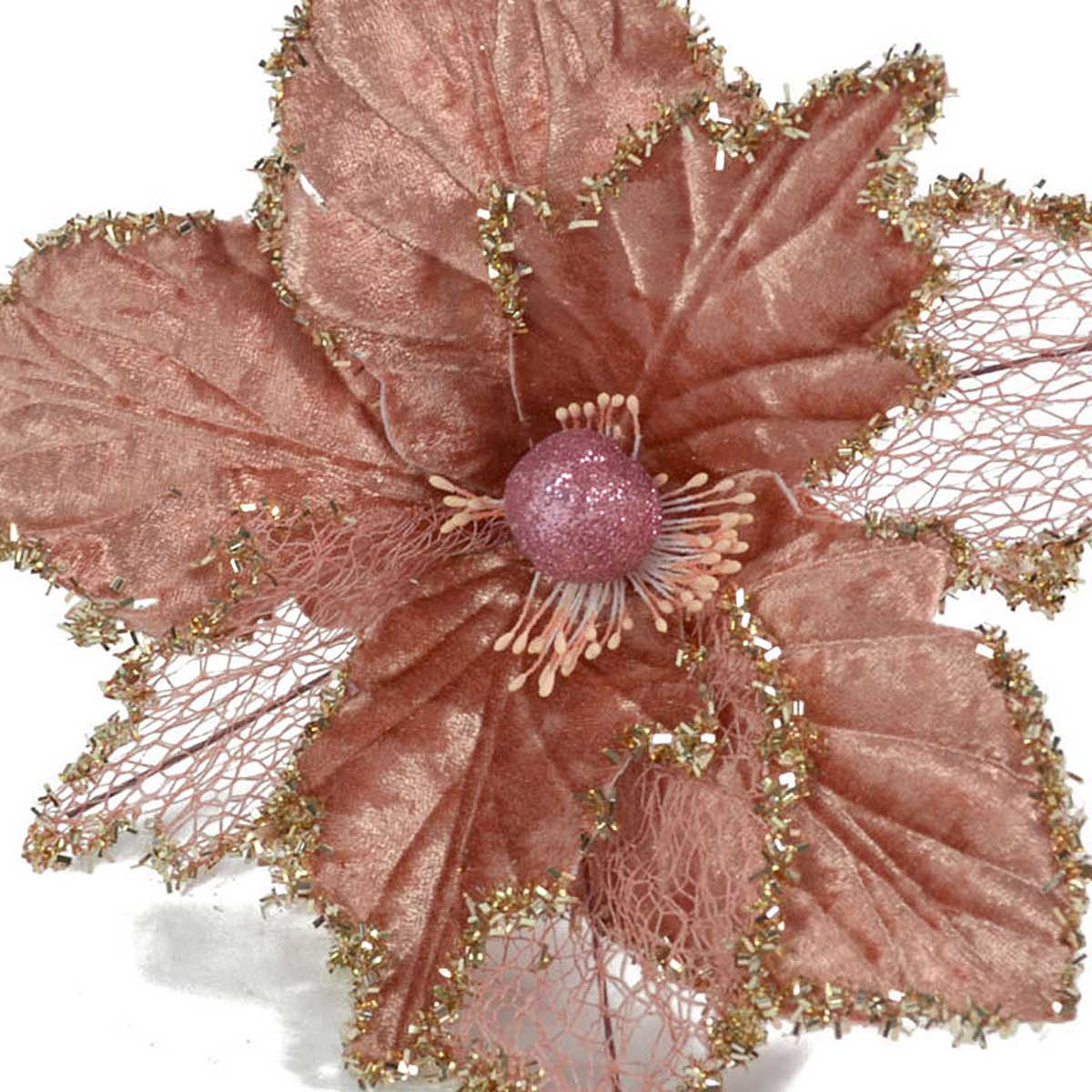 Flor natal&iacute;cia rosa de veludo com pin&ccedil;a 18cm