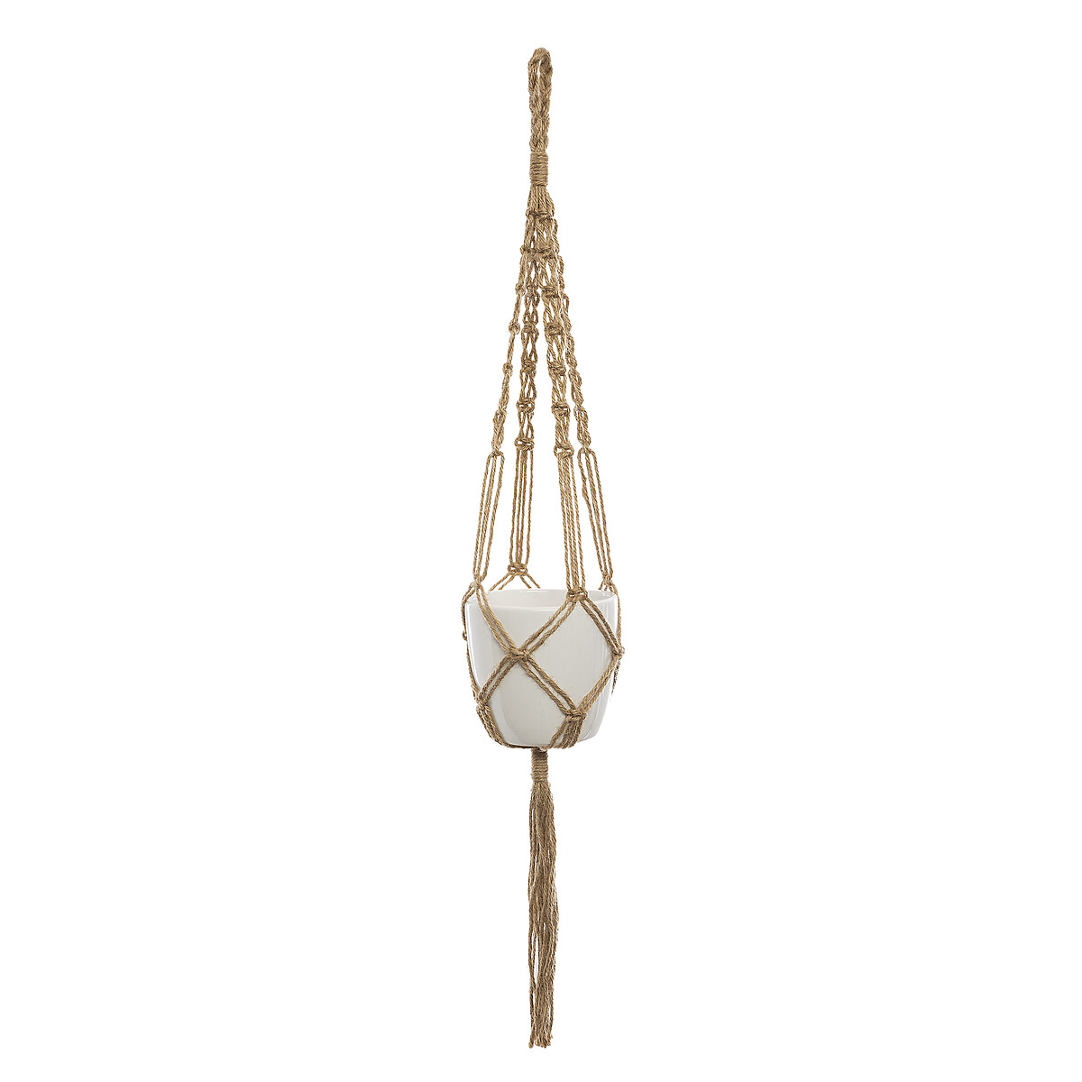 Vaso suspenso branco em cer&acirc;mica e juta 74cm
