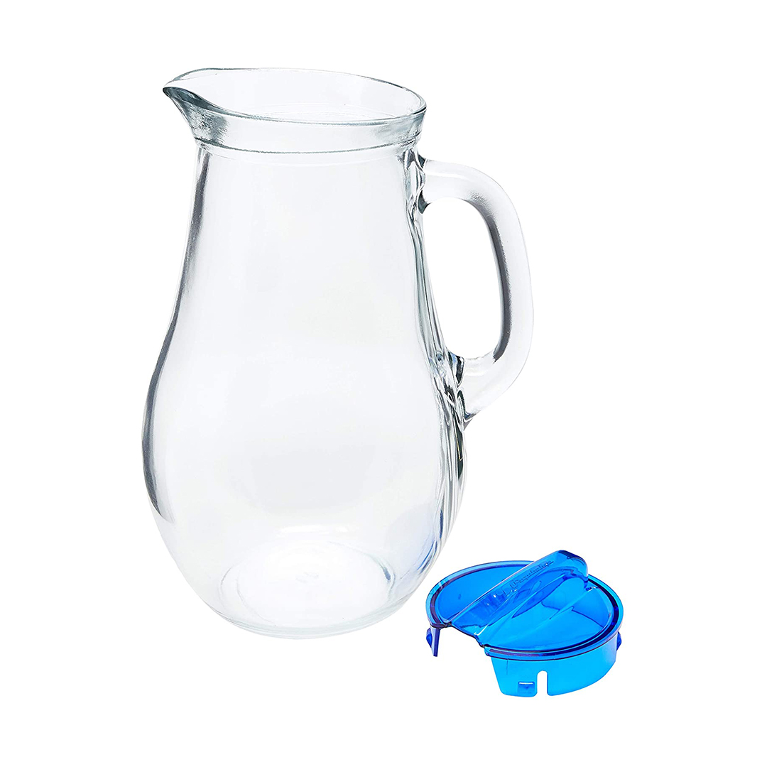 Jarro de vidro com tampa plástica azul,  Jarro de vidro com tampa plástica azul