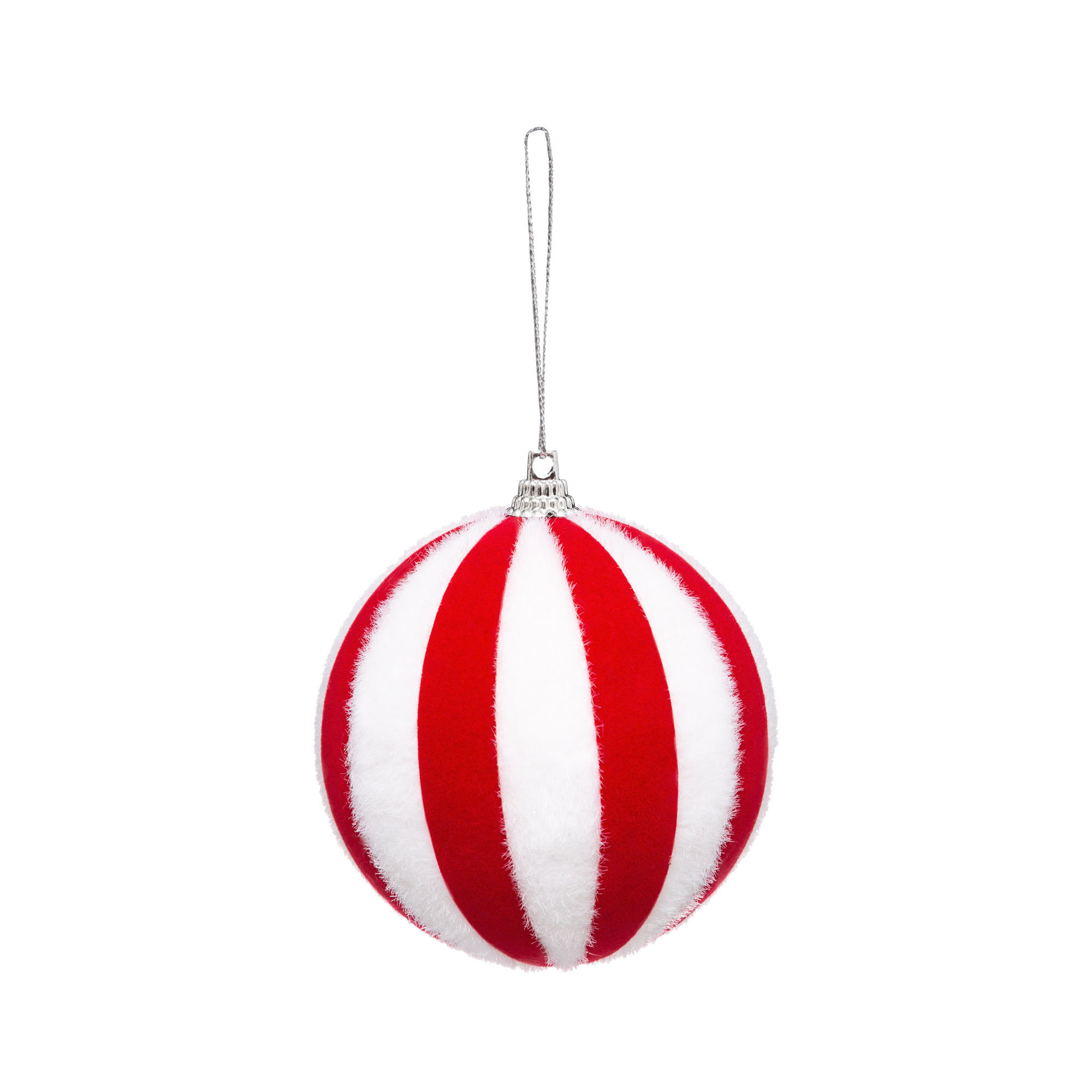 Bola de natal com riscas vermelhas e brancas