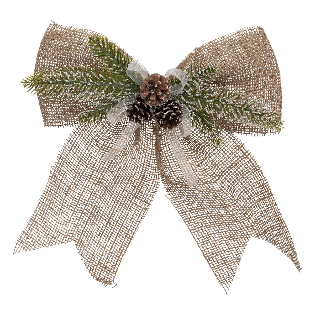 Laço decorativo em juta com pinhas e ramos