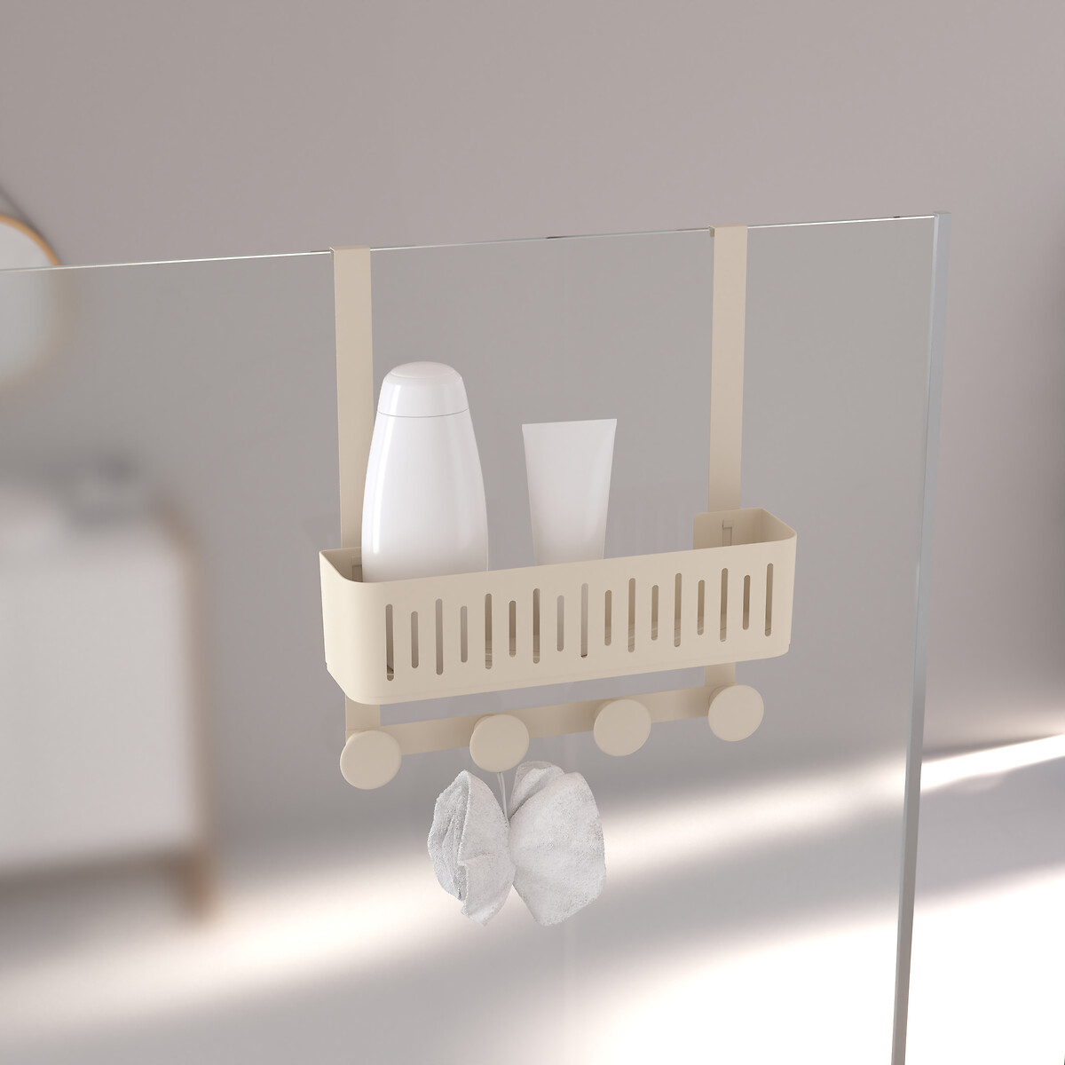 Suporte para duche bege em metal com 4 ganchos