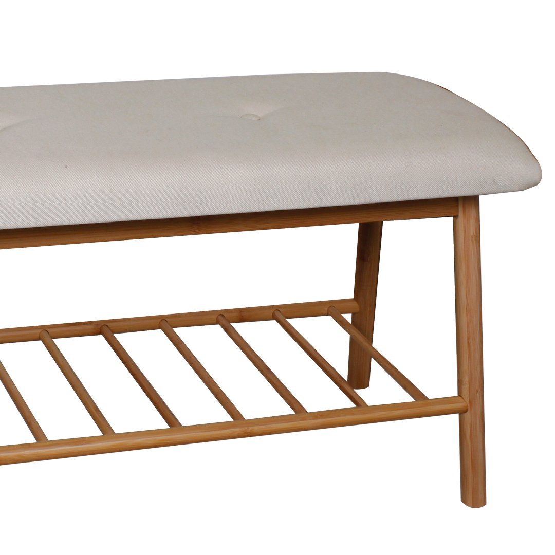 Banco cinza com estante em bambu,  Banco cinza com estante em bambu