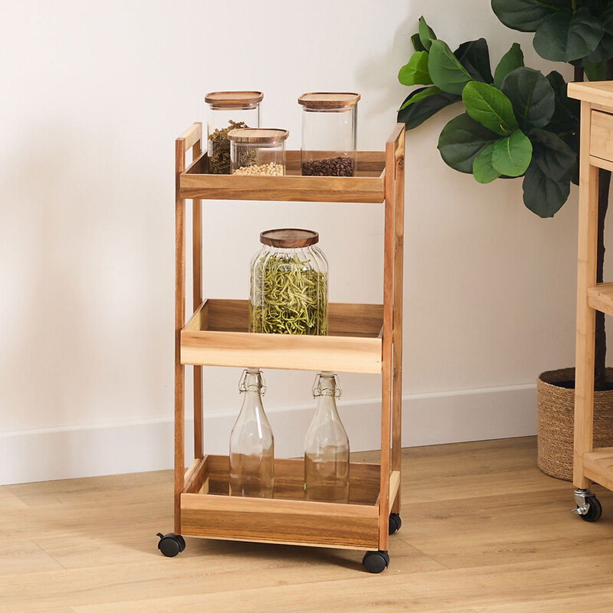 Trolley de cozinha em madeira acácia com 3 níveis