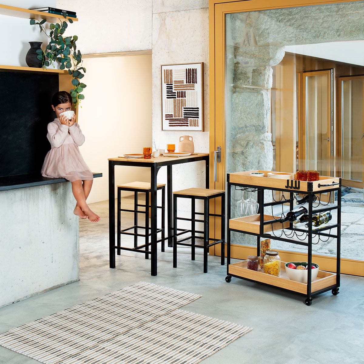 Conjunto de bar NATTES mesa e 2 bancos preto,  Conjunto de bar NATTES mesa e 2 bancos preto