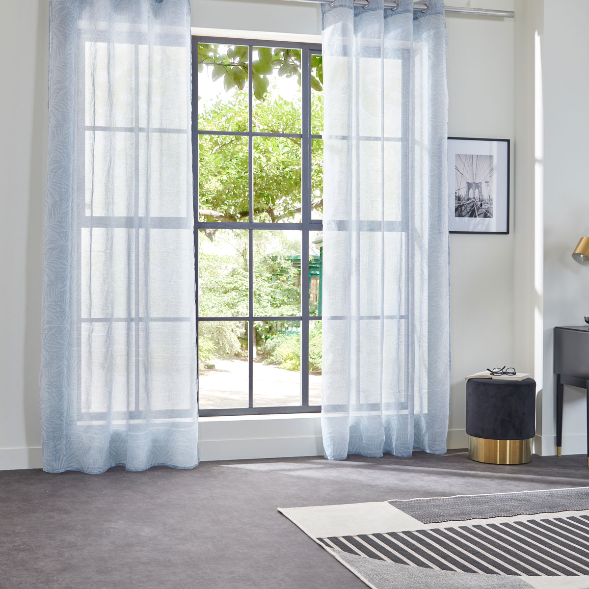 Cortina RAY azul com padrão de folhas 140x240cm,  Cortina RAY azul com padrão de folhas 140x240cm