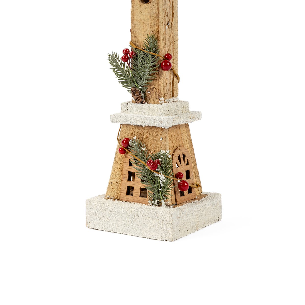 Lanterna decorativa em madeira com bagas e leds 52,5cm