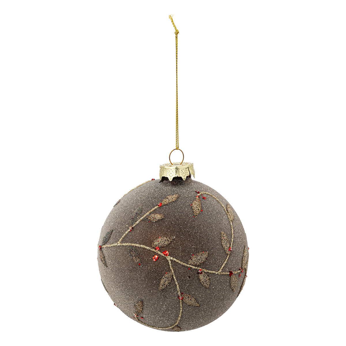 Bola com raminhos castanho e dourado em vidro 10cm