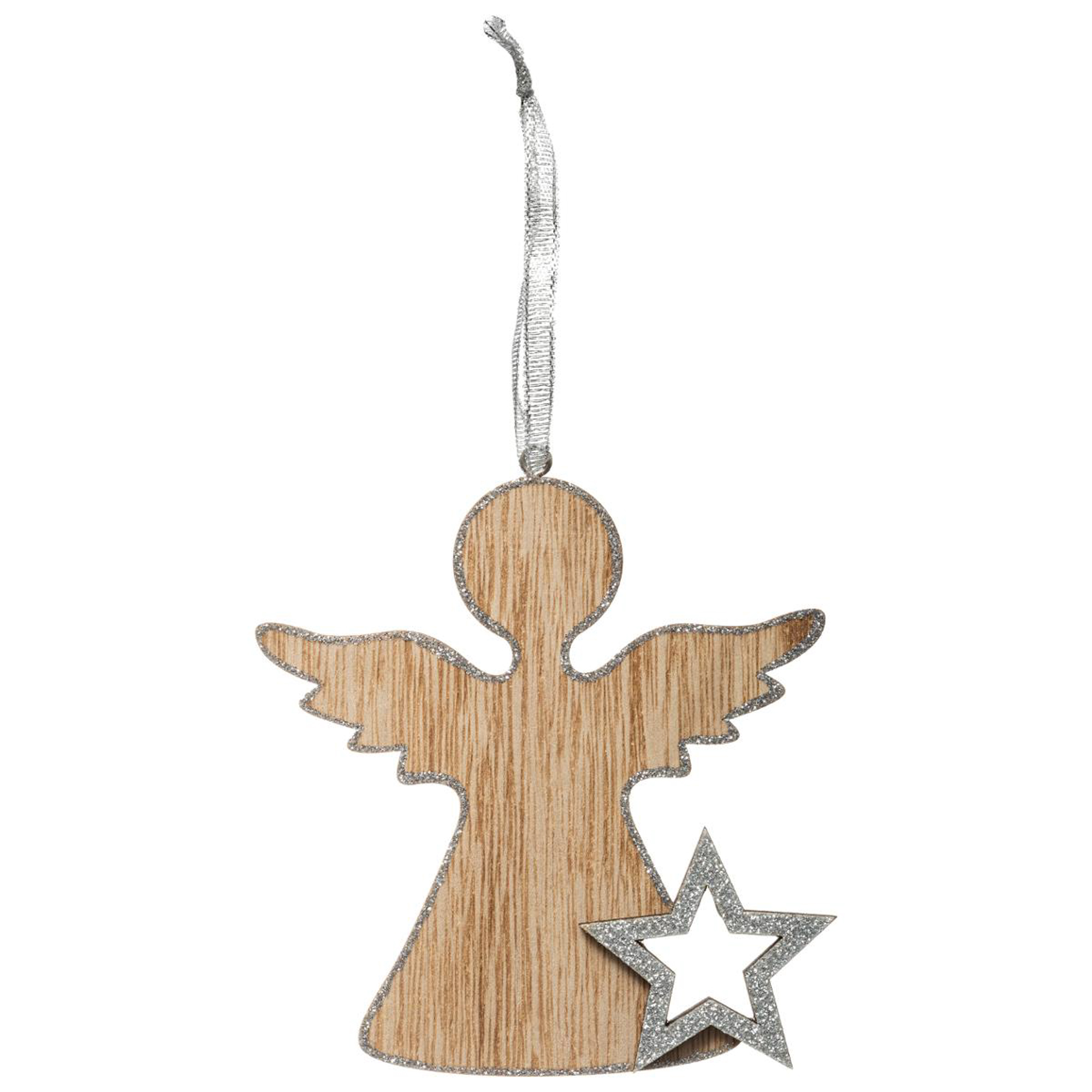 Anjo com estrela prateada em madeira