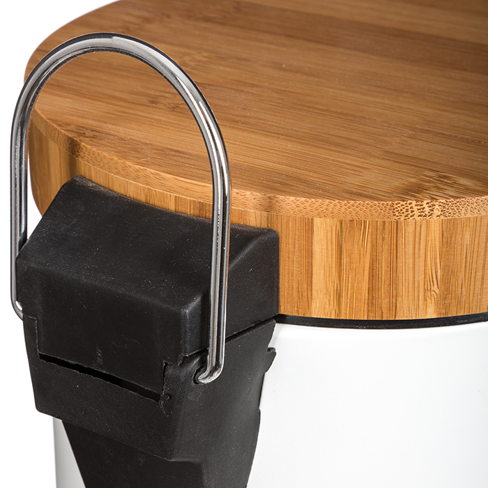 Balde wc branco de metal com tampa em bambu 3l