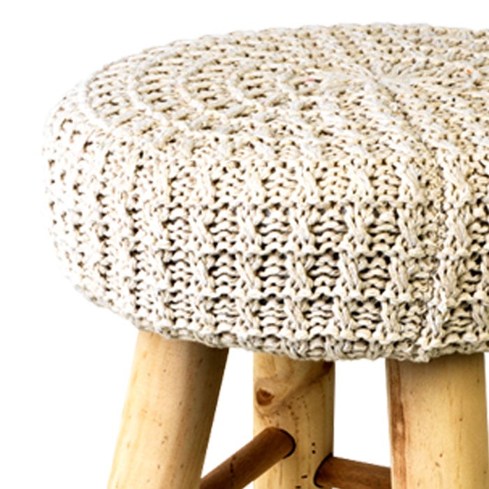 Tamborete SUZETTE bege com p&eacute;s em madeira pinho