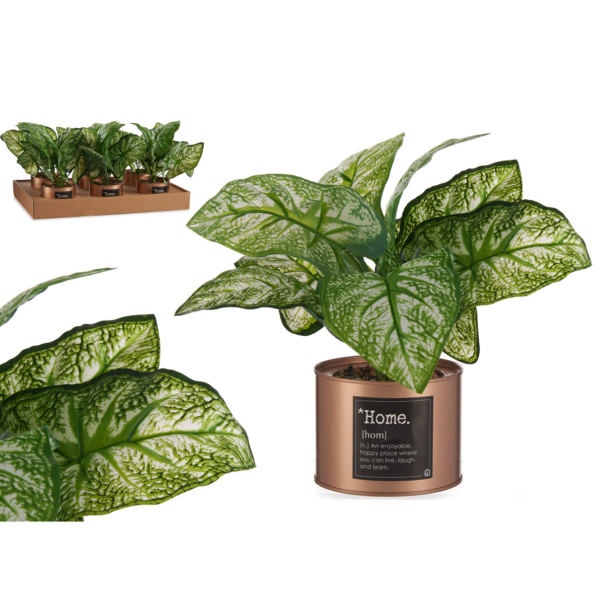 Planta artificial verde com vaso de metal