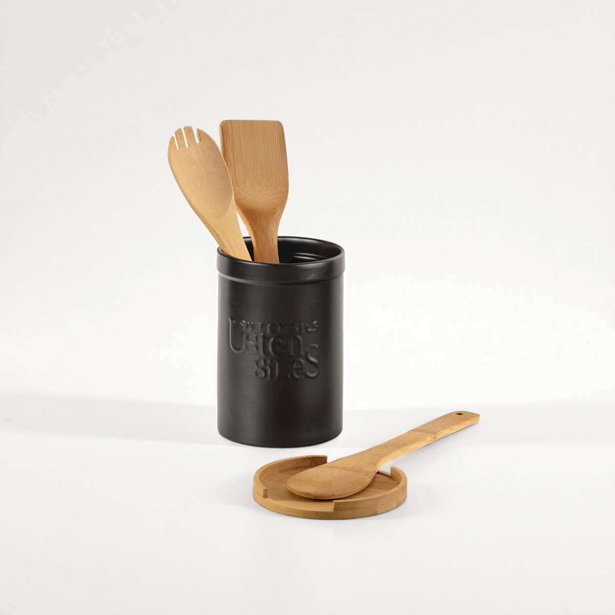 Caixa para utens&iacute;lios NATUREO preta com base em bambu