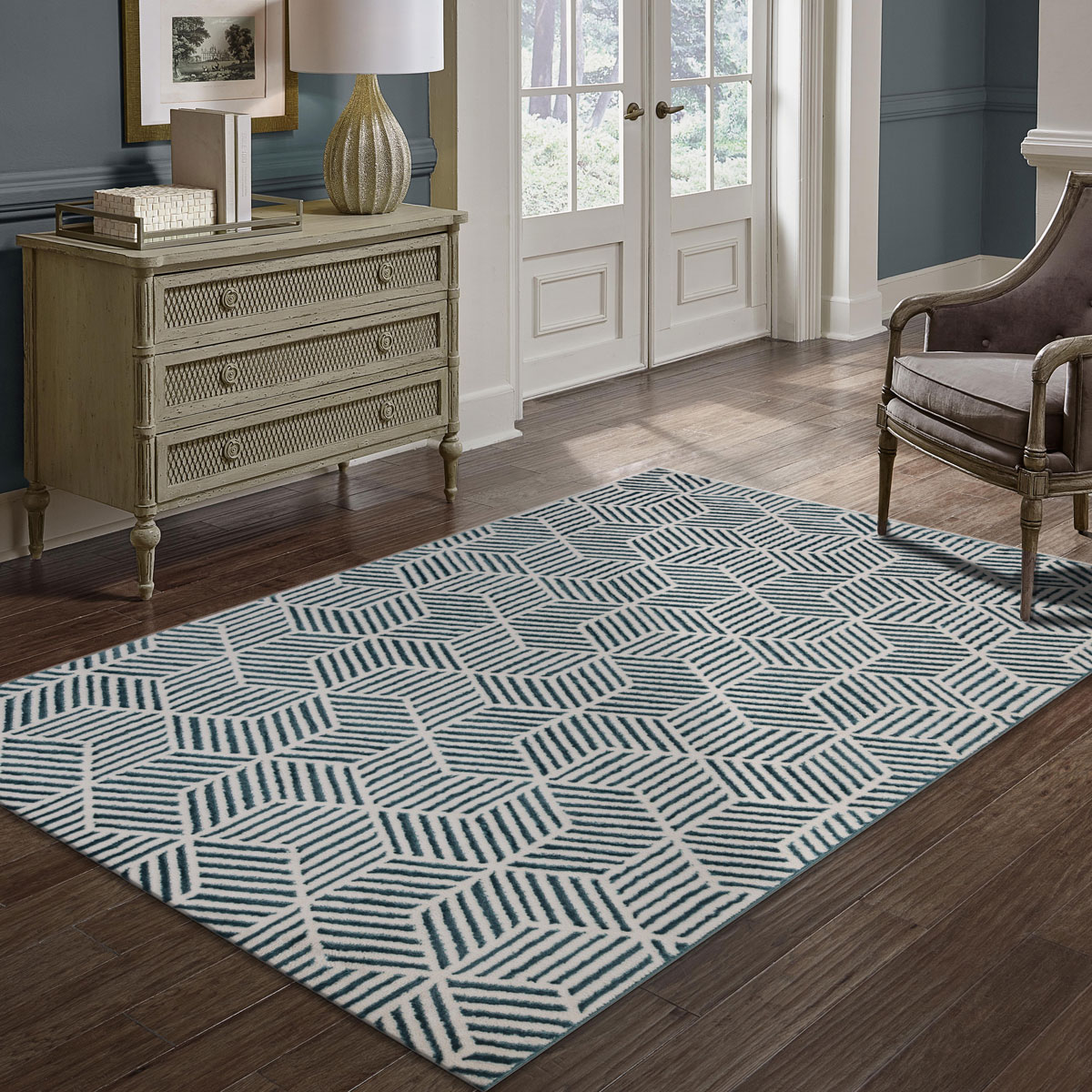 Tapete ZAHA geom&eacute;trico azul 133x190cm