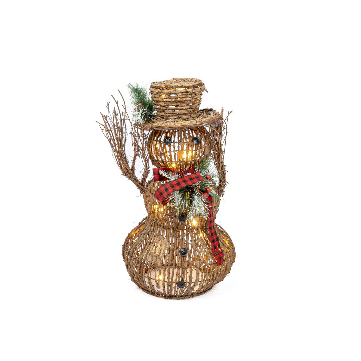 Boneco De Neve Com Ramos, Chapéu E Laço Com LED,  Boneco De Neve Com Ramos, Chapéu E Laço Com LED