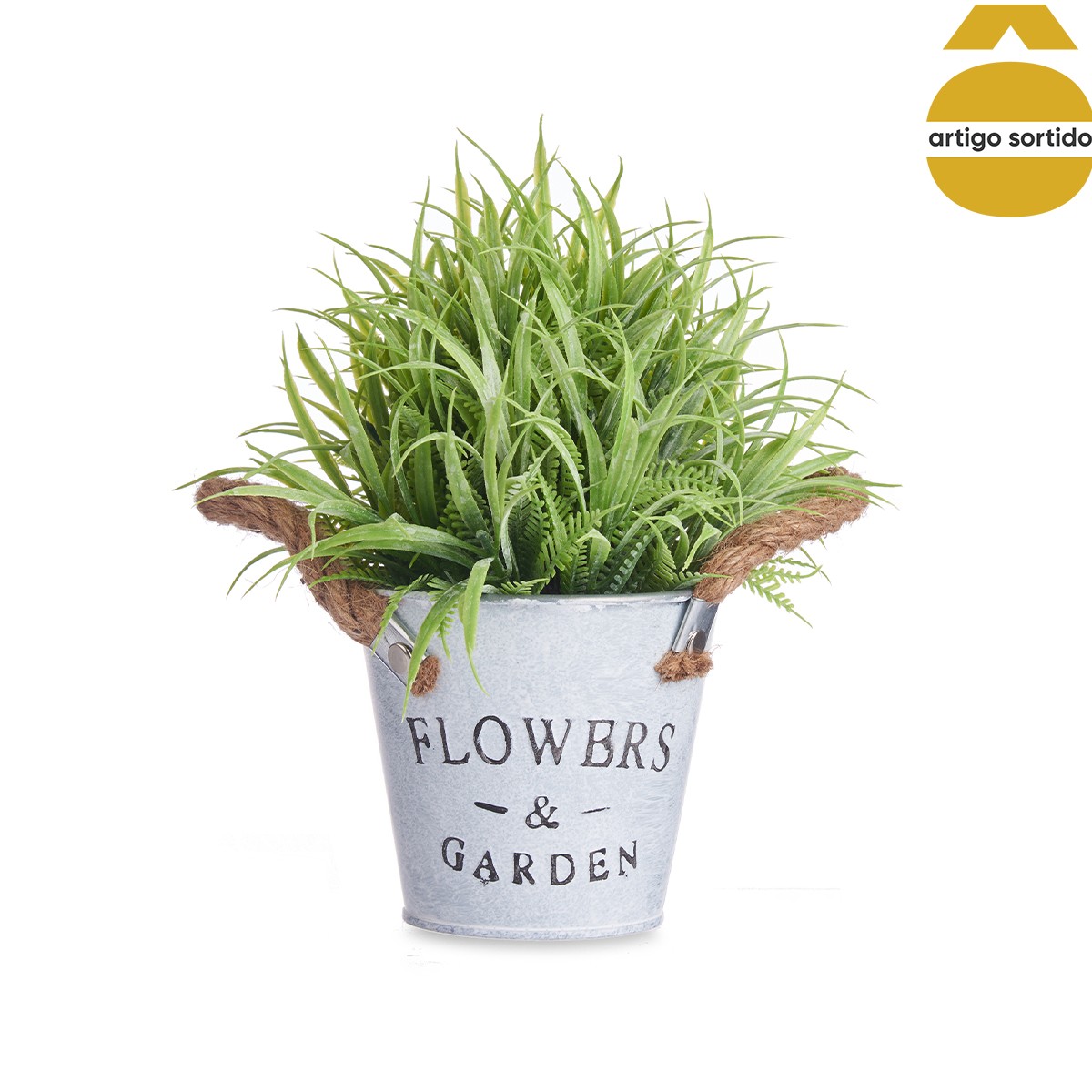 Vaso de metal com planta artificial verde 24cm