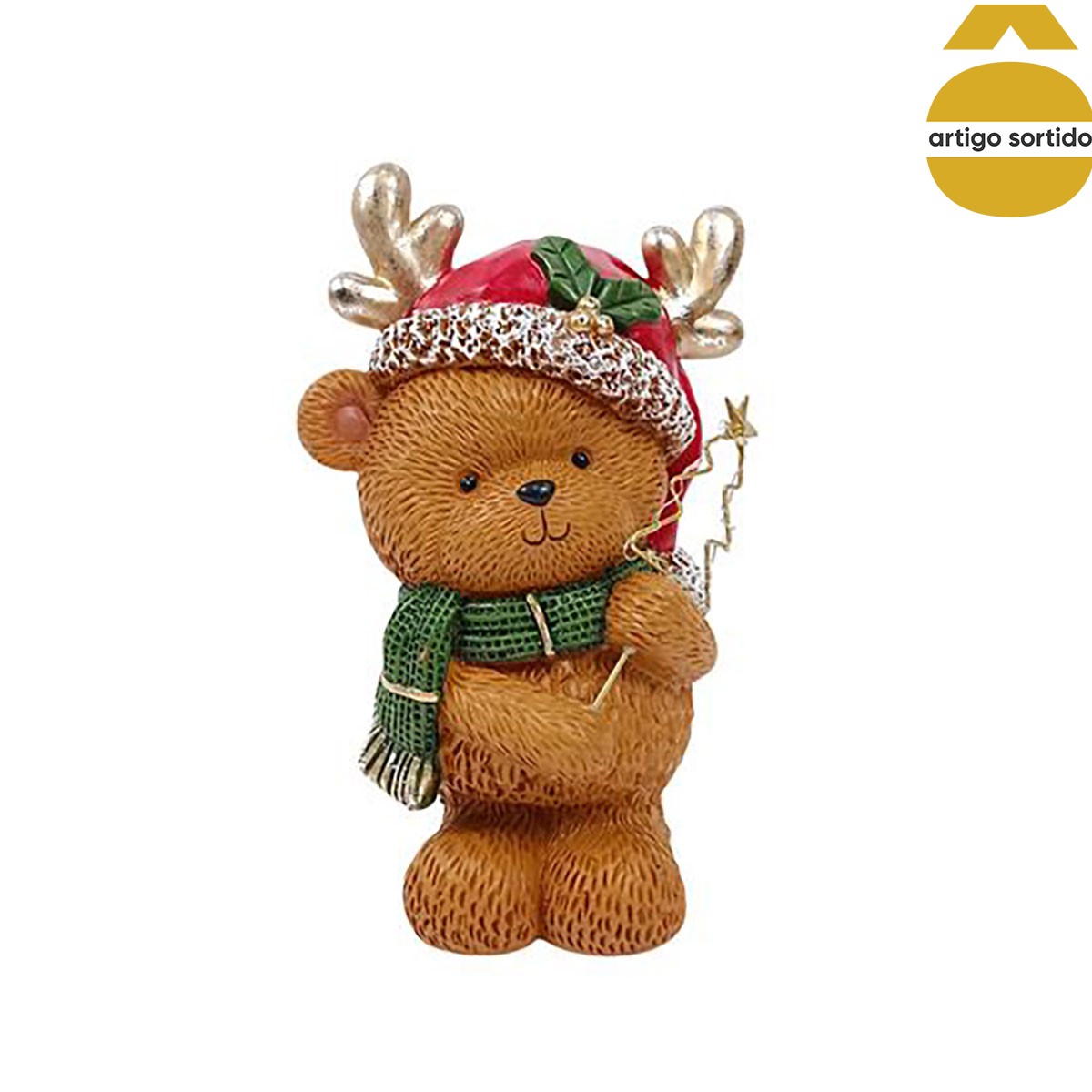 Figura Urso Com Cachecol E Gorro De Rena 28cm