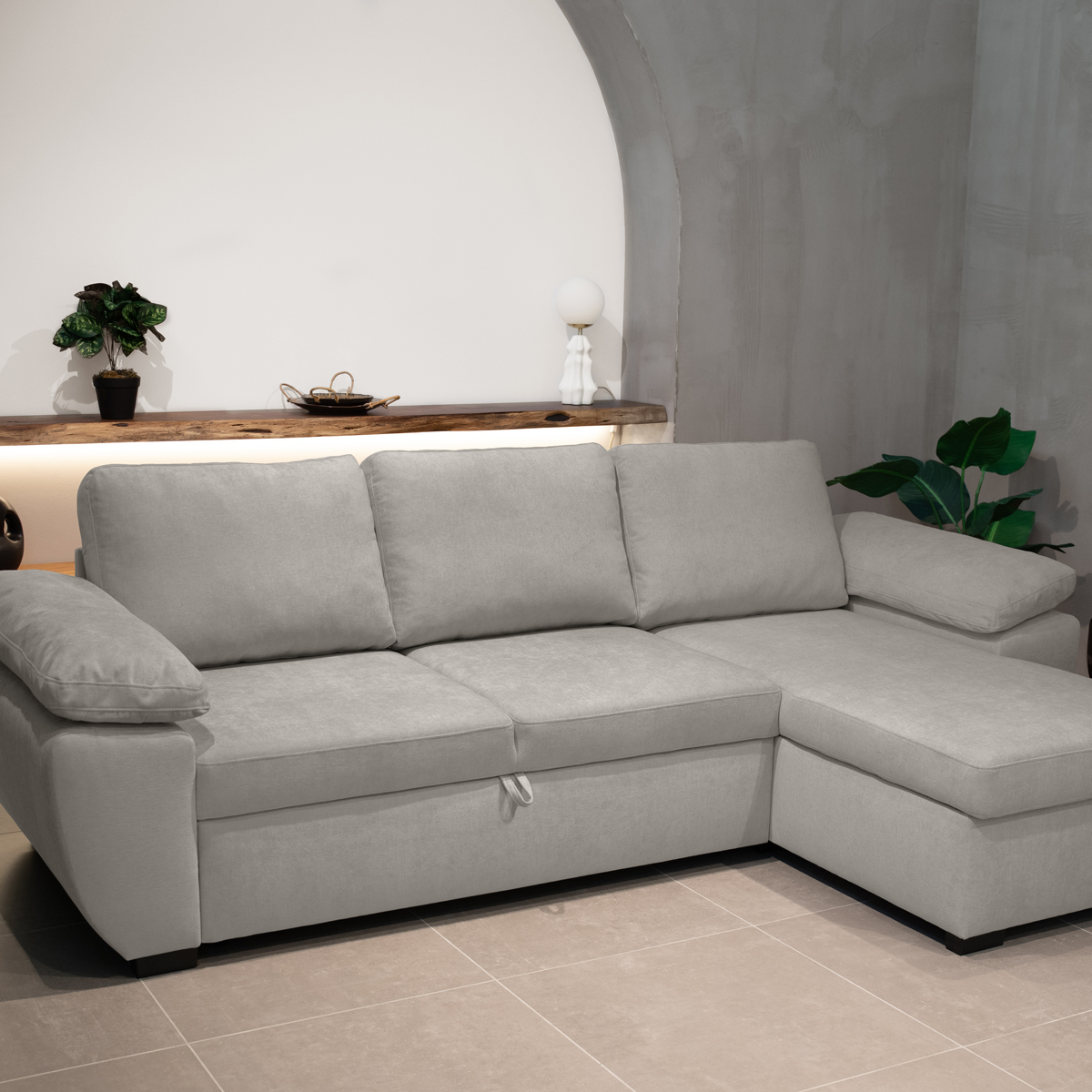 Sofá cama DRESDEN com cofre e chaise longue bege