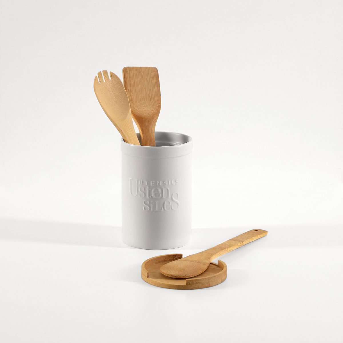 Caixa para utens&iacute;lios NATUREO branca com base em bambu