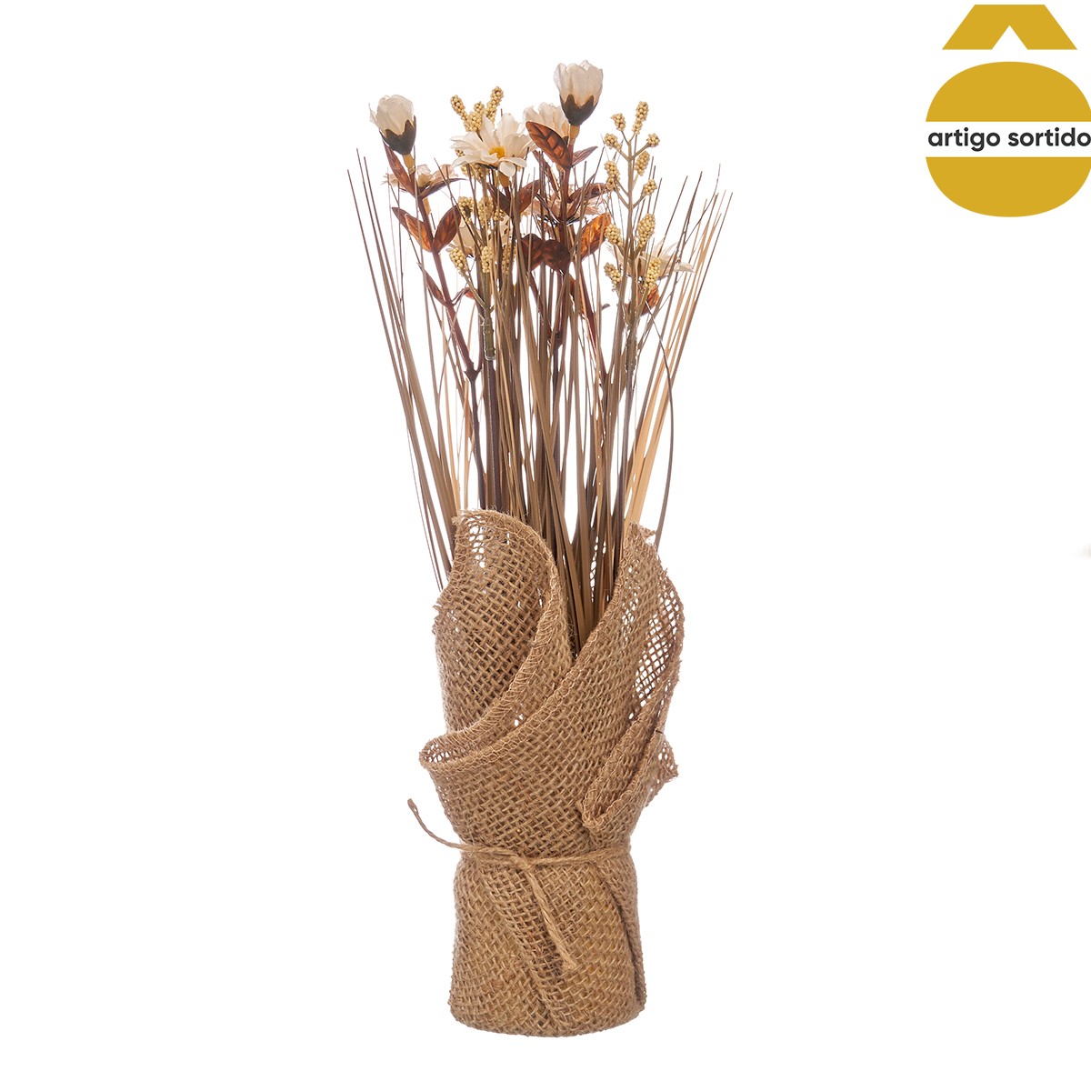 Vaso saco em r&aacute;fia com flores artificiais