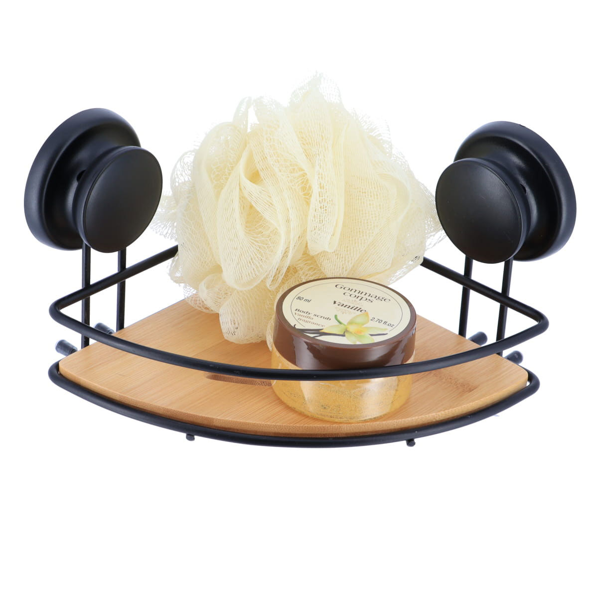 Suporte de canto preto em metal e bambu com ventosas