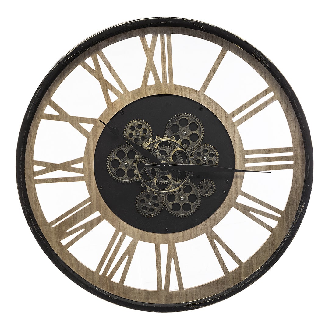 Rel&oacute;gio de parede preto em metal e madeira 57cm