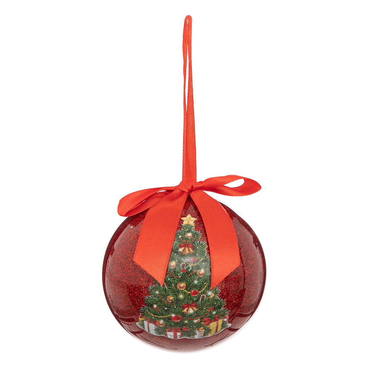 Bola decorativa vermelha com glitter e pinheiro 10cm
