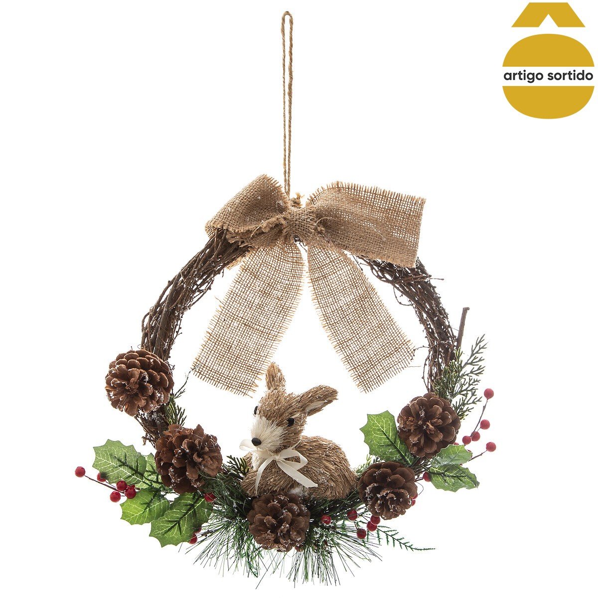 Coroa natalícia com animal e pinhas 32cm