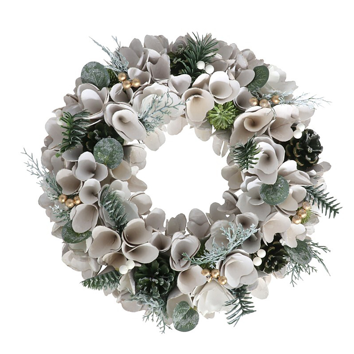 Coroa decorativa com flores brancas e bagas douradas 35cm