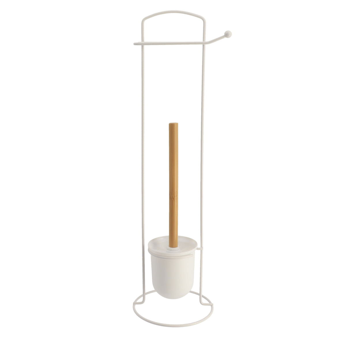 Suporte wc branco com escova e porta rolos em metal e bambu