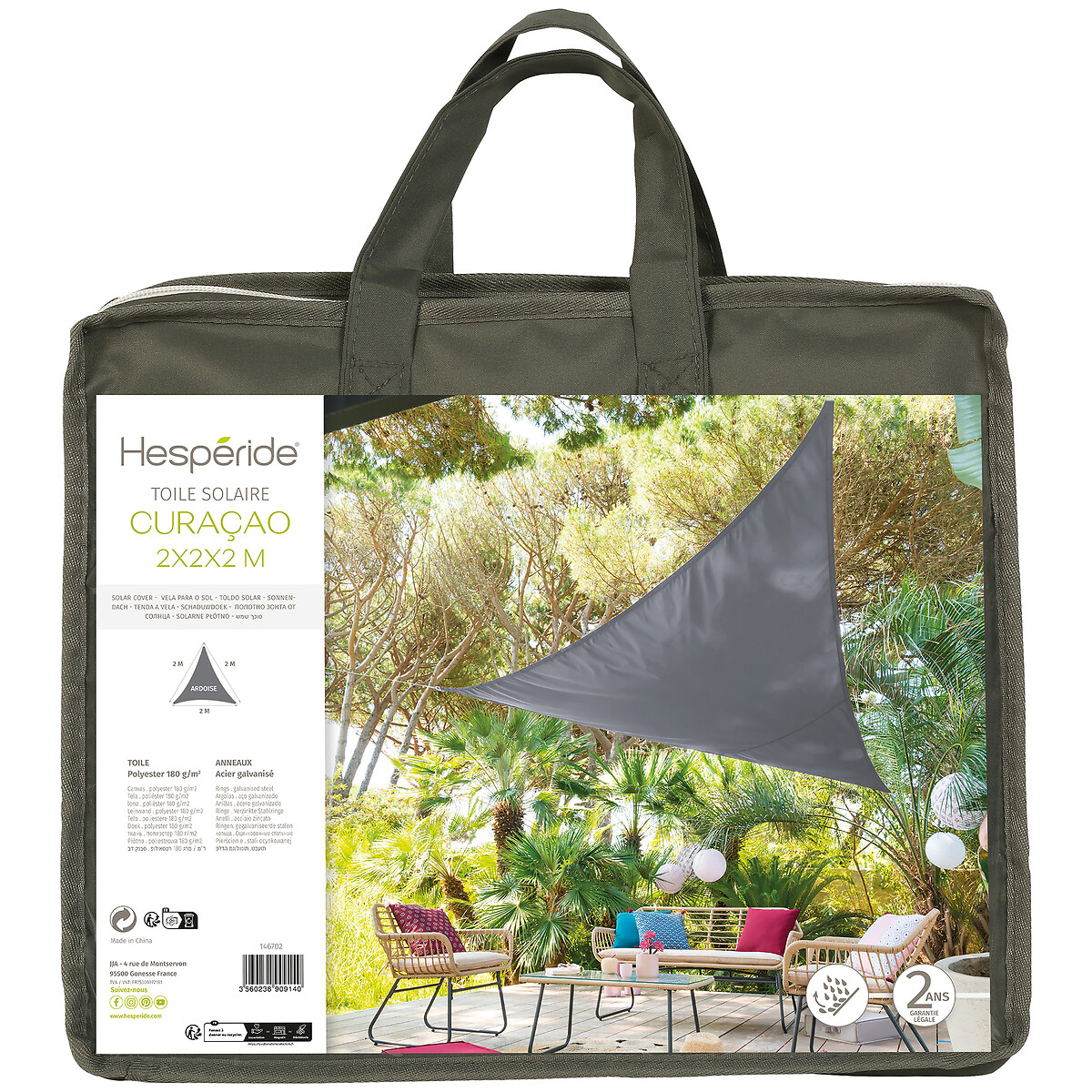 Toldo solar CURA&Ccedil;AO cinza 2x2x2m