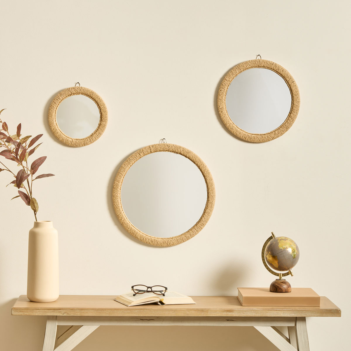 Conjunto de 3 espelhos TILIA castanho em madeira e corda
