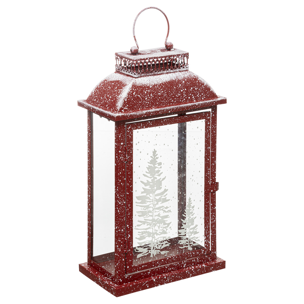 Lanterna Vermelha Decorativa Com Neve E Metal 40cm