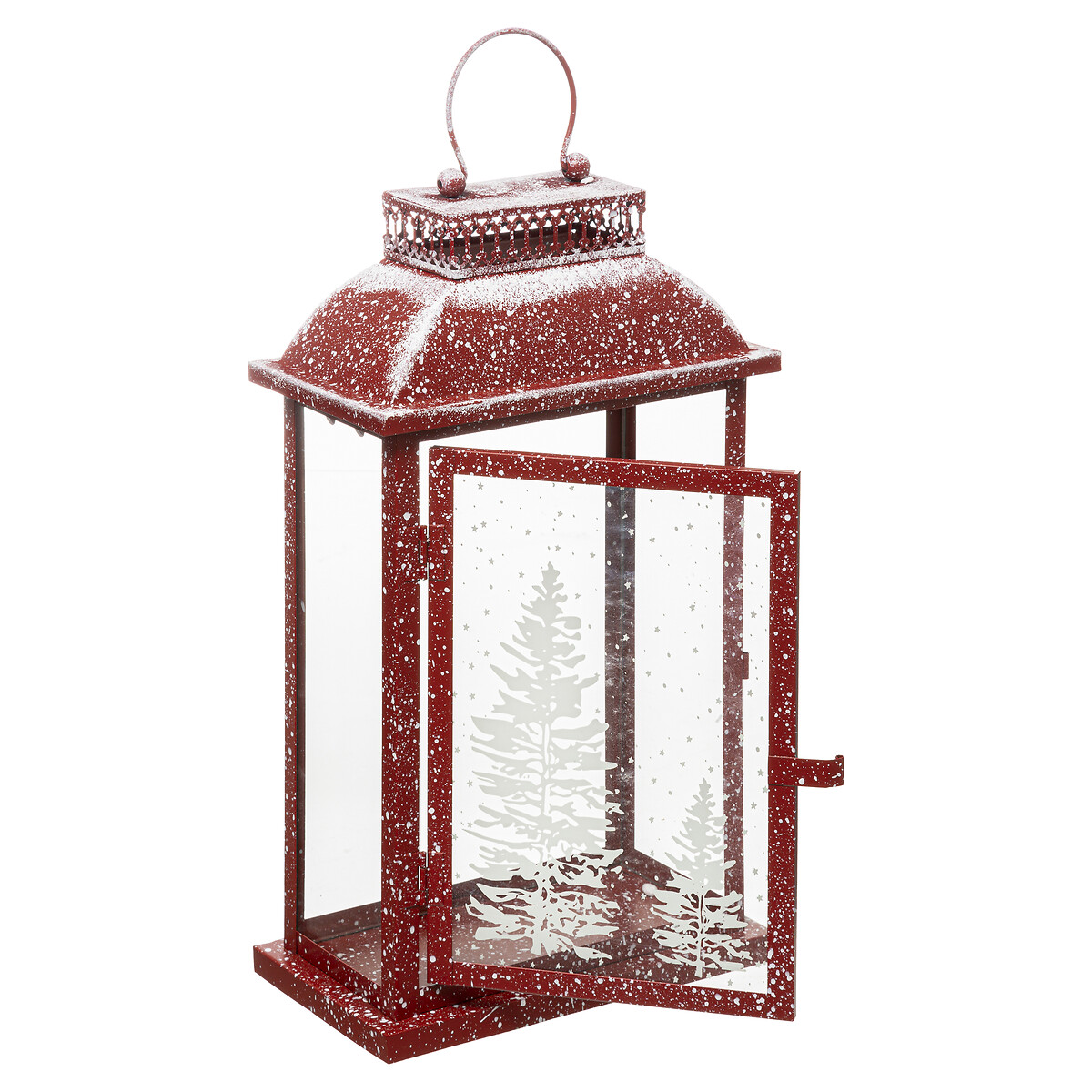 Lanterna Vermelha Decorativa Com Neve E Metal 40cm
