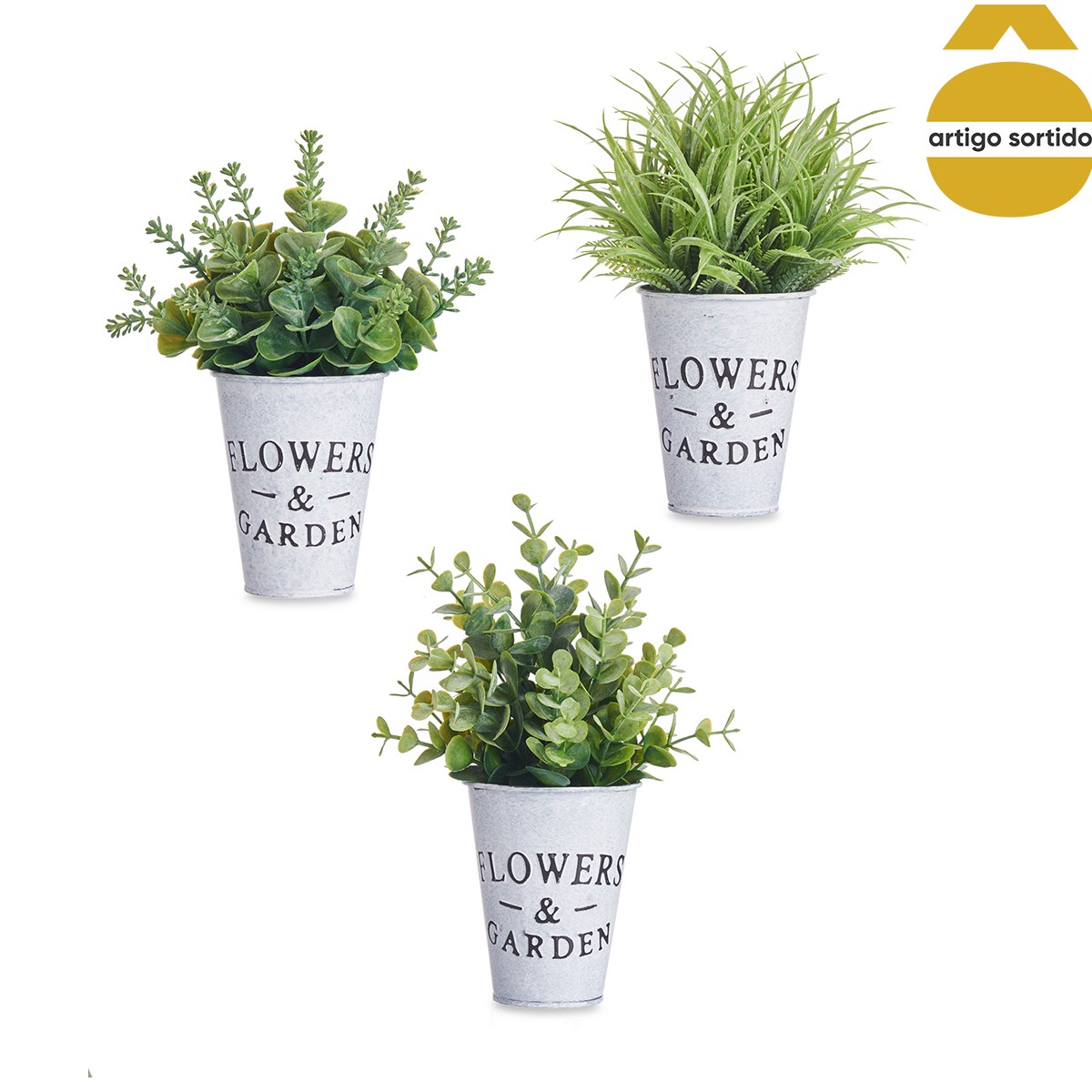 Vaso de metal com planta artificial verde 23cm