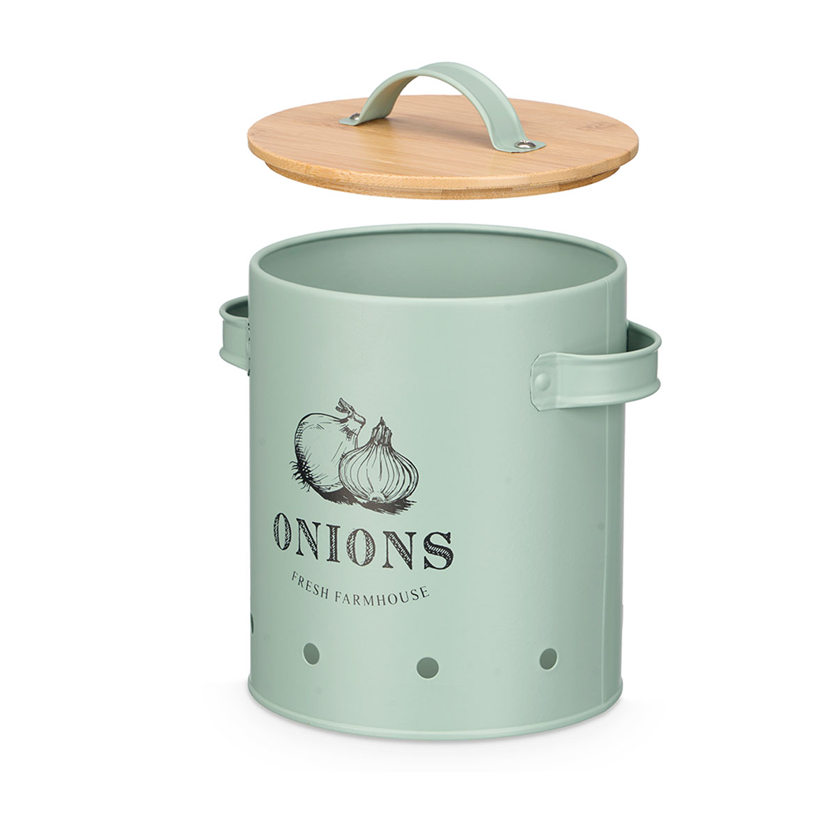 Lata para cebolas verde de metal com tampa bambu
