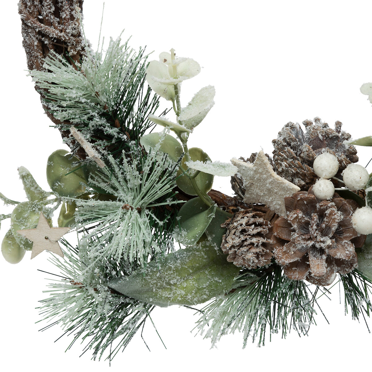 Coroa feita de ramos com bagas, pinhas e folhas 27cm