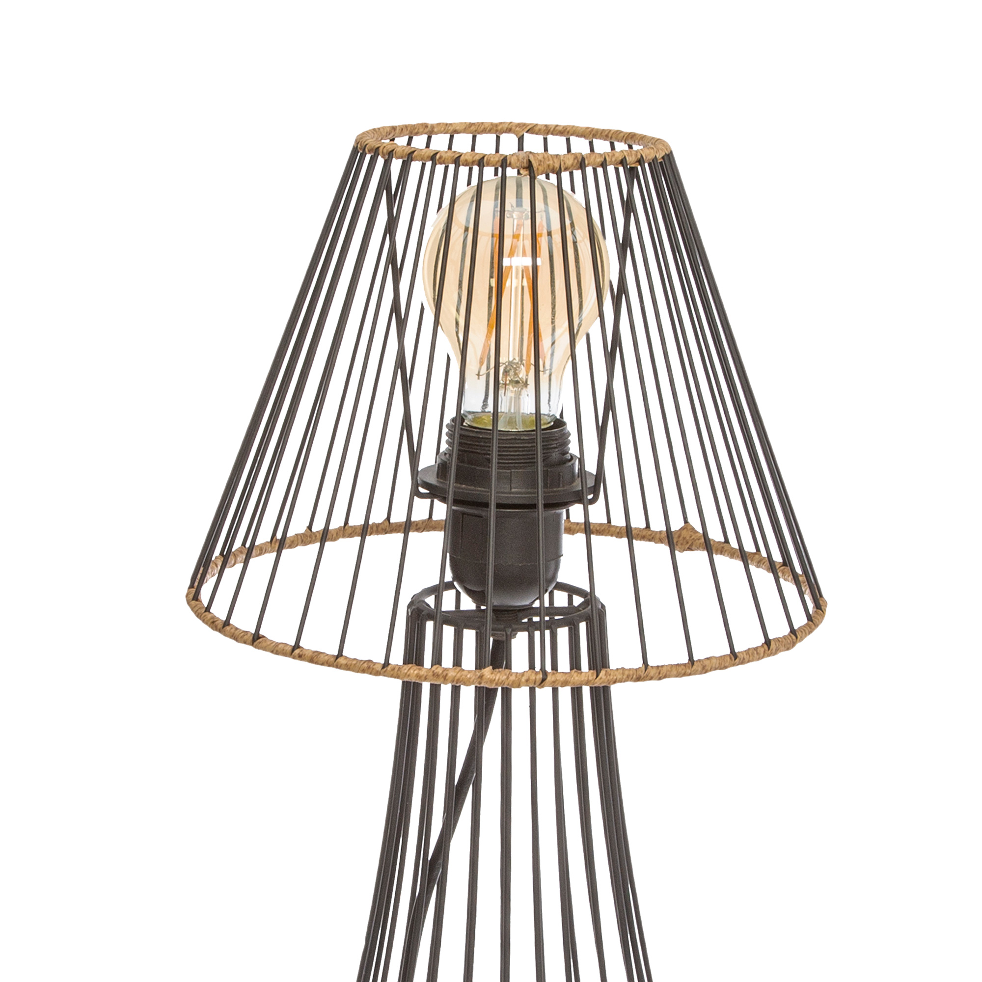 Candeeiro De Mesa Preto Em Metal E Rattan