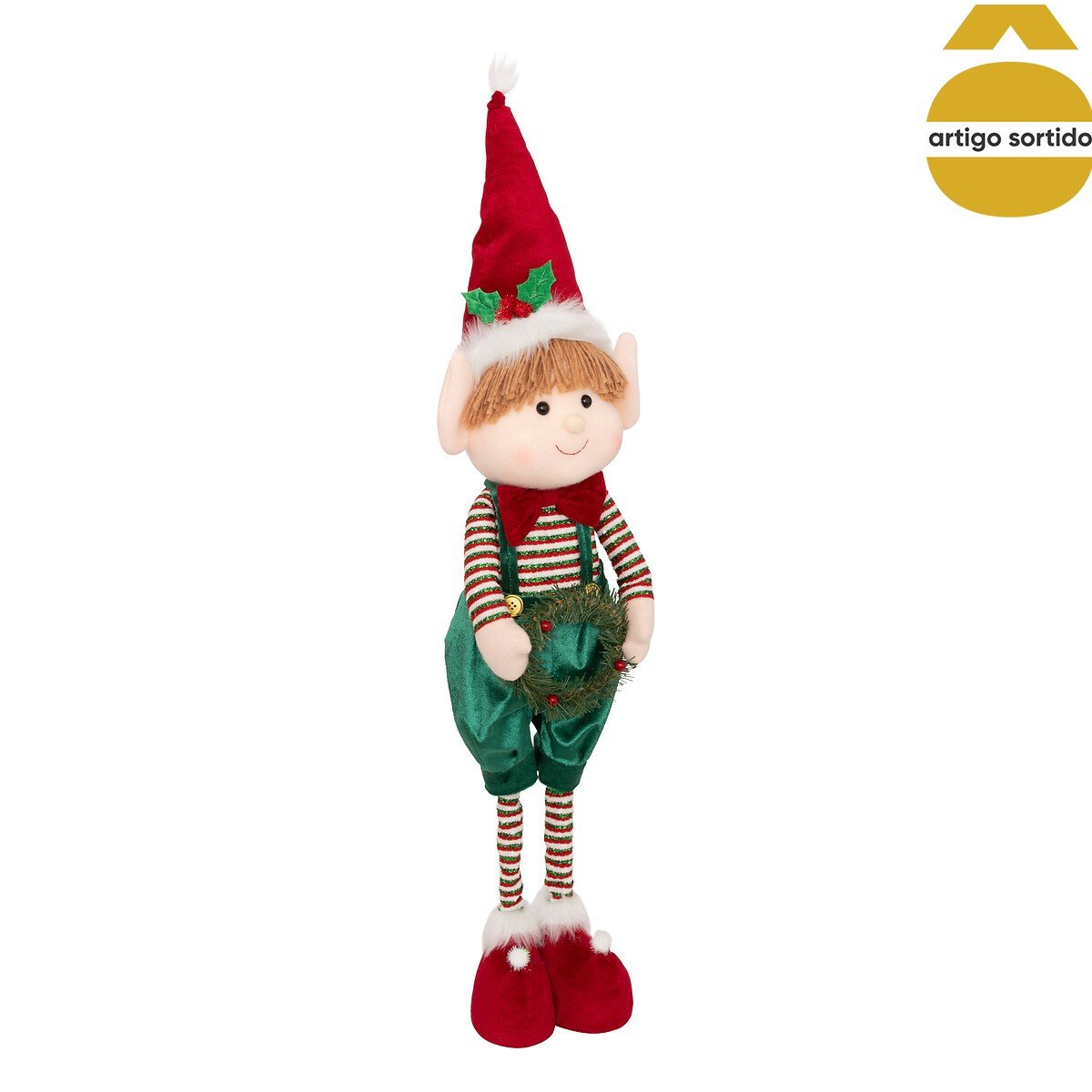 Figura elfo extensível com coroa/presente 95cm,  Figura elfo extensível com coroa/presente 95cm