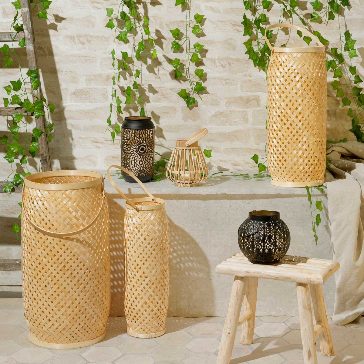 Lanterna natural CROSS em bambu 43cm,  Lanterna natural CROSS em bambu 43cm