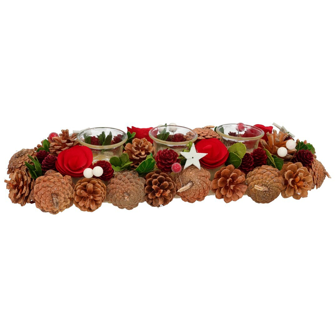 Porta-velas para 3 velas com pinhas